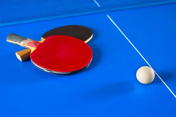 Sport Games Ping Pong Rackets Table Tennis Ball Blue Table — Stock Photo, Image