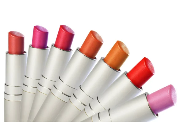 Mode Färgglada Lipsticks Grupp Färgglada Läppstift Vit Bakgrund — Stockfoto