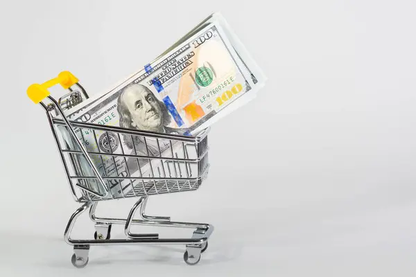 Dollari Nel Carrello Sullo Sfondo Bianco Shopping Vendite — Foto Stock