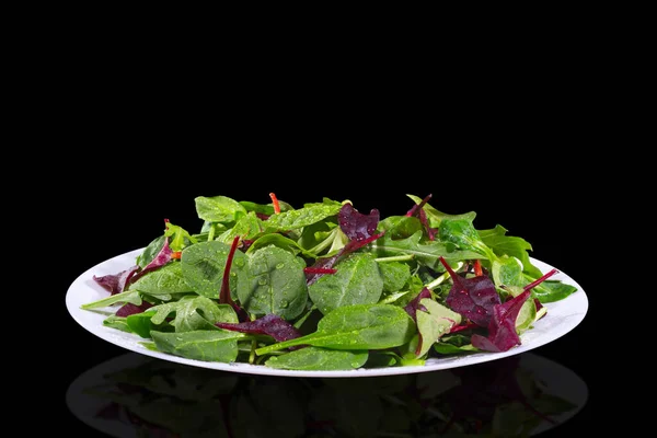 Een Frisse Salade Van Spinazie Arugula Romaine Zwarte Achtergrond — Stockfoto