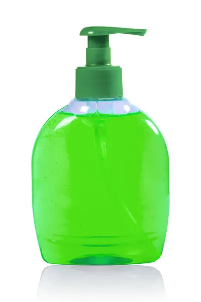 Plastik Pompa Şişesinde Yeşil Sıvı Sabun Hijyen Kavramları — Stok fotoğraf
