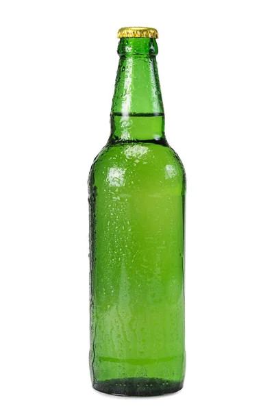 Bottiglia Birra Verde Con Gocce Sfondo Bianco Primo Piano — Foto Stock