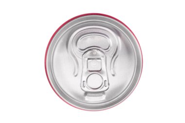 Beyaz arkaplanda izole edilmiş, çek- sekmeli bir alüminyum kutu yukarıdan görünüm.