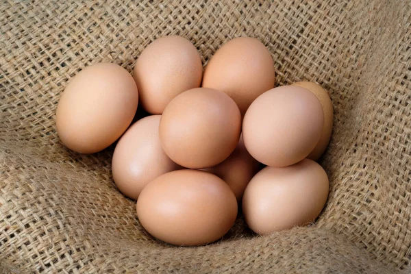 Diez Huevos Una Granja Arpillera Cerca Aves Corral Productos Naturales — Foto de Stock