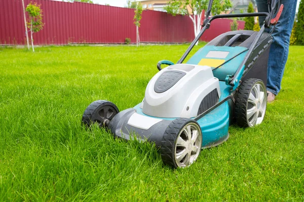 Bir çim biçme makinesi yeşil çim biçiyor, bahçıvan çim biçme makinesiyle çalışıyor, yakın plan, özel bir evin bahçesi..