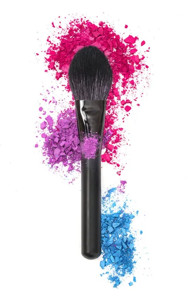 Makeup Borste Och Färgglada Pulver Vit Bakgrund Skönhet Och Makeup — Stockfoto