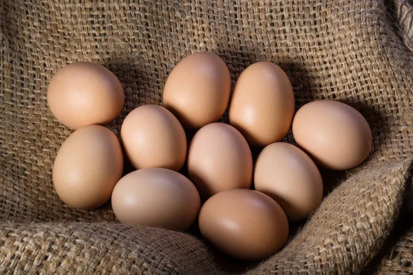 Los Huevos Frescos Arpillera Acercan Proteína Natural Granja Avícola — Foto de Stock