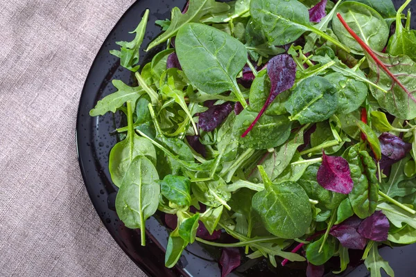 Nærbillede Frisk Grøn Salat Med Spinat Arugula Romaine Udsyn Ovenfra - Stock-foto