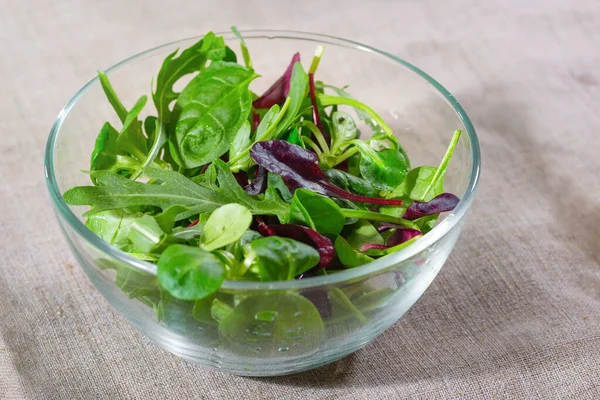 Campuran Daun Salad Dalam Mangkuk Kaca — Stok Foto