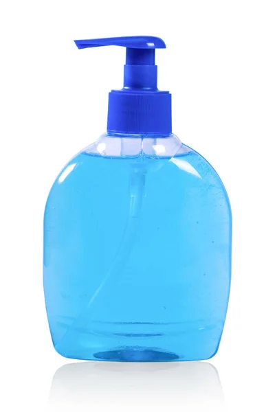 Plastikowa Butelka Niebieskim Mydłem Płynie Białym Tle Odbiciem — Zdjęcie stockowe
