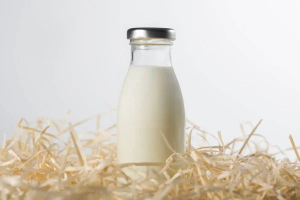 Fles Verse Melk Het Hooi Een Witte Achtergrond Gezond Voedsel — Stockfoto