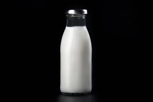 Bottles Milk Isolated Black Background Dairy Food — Stock Photo, Image