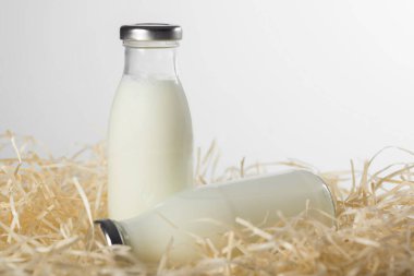 Beyaz arka planda samanlıkta taze süt şişeleri. Sağlıklı yemek..