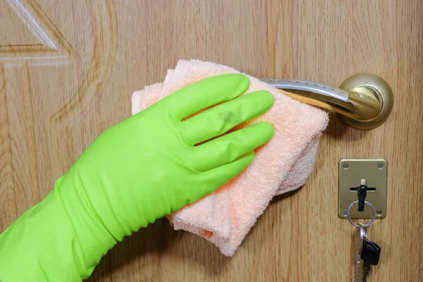 Hand Rubber Glove Wipes Dust Rag Door Handle Cleaning Service — Stock Photo, Image