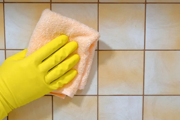 Hand Rubber Glove Cloth Tiled Wall Background House Cleaning — Stock Photo, Image