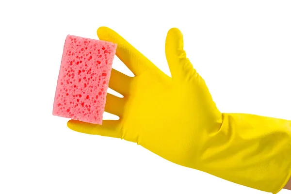 Huisschoonmaakconcept Een Hand Een Beschermende Handschoen Houdt Een Wasspons Geïsoleerd — Stockfoto