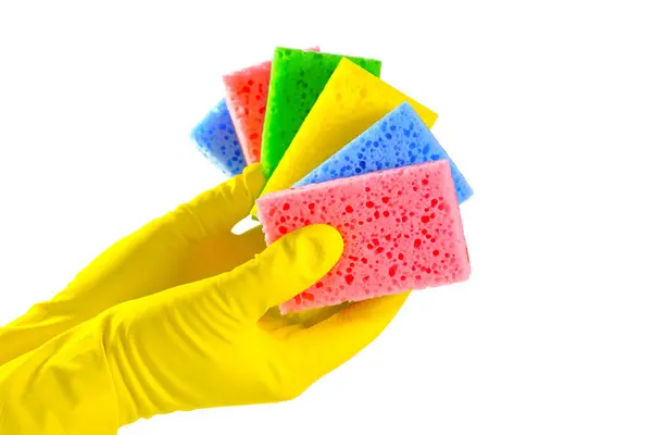 Temizliği Konsepti Sarı Koruyucu Eldivenli Eller Beyaz Arka Planda Izole — Stok fotoğraf