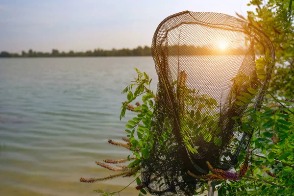 Fundo Pesca Rede Pesca Lago Dia Ensolarado Pôr Sol — Fotografia de Stock