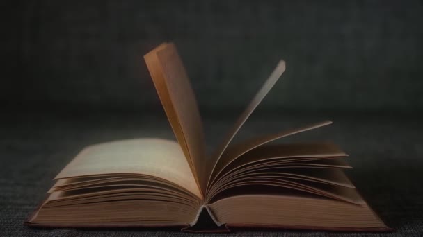 Karanlık Bir Odada Rüzgarda Çırpınan Açık Bir Kitabın Sayfaları Yavaş — Stok video