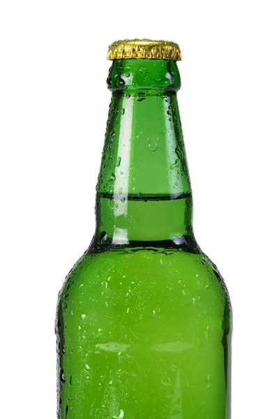 Скляна Зелена Пляшка Скиданням Води Білому Ізольованому Фоні Крупним Планом — стокове фото