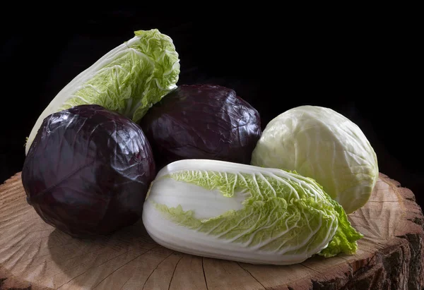 Many Sorts Cabbage Wooden Black Background Cabbage Variety — Stock Photo, Image