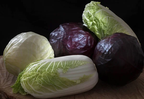 Many Sorts Cabbage Wooden Black Background Cabbage Variety Still Life — Stock Photo, Image