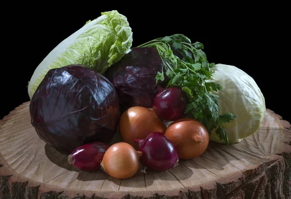Organic Vegetables Wooden Table Black Background — Stock Photo, Image