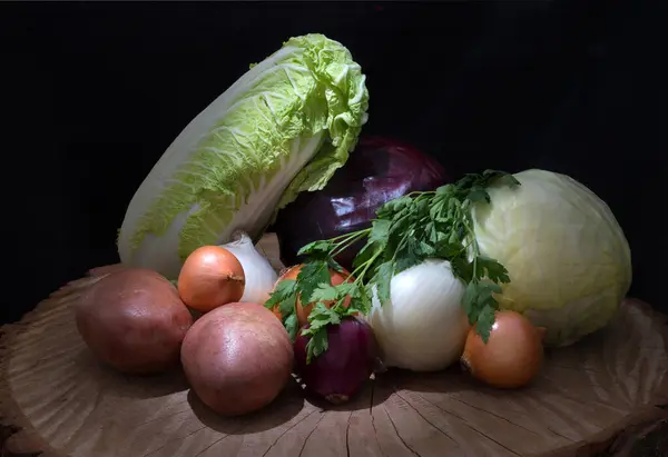 Fresh Organic Vegetables Cabbage Onions Potato Green Onions Wooden Background — Stock Photo, Image