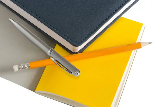 Notebook Pen Pencil Isolated White Background Top View Office Accessories — Stock Photo, Image