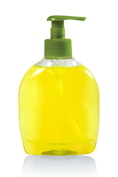 Желтое Жидкое Мыло Пластиковой Бутылке Белом Фоне Отражением Концепция Гигиены — стоковое фото