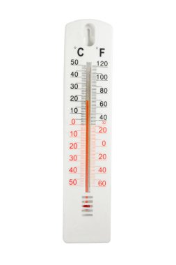 Termometre, beyaz üzerine izole edilmiş termometre. Dikey resim.
