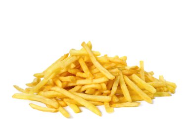 Beyaza izole edilmiş kızarmış patates yığını. Sağlıksız yiyecekler.