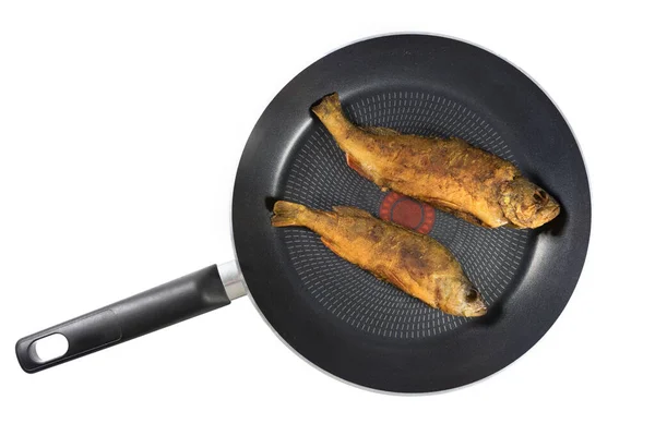 Stekt Fisk Kastrull Isolerad Vit Bakgrund Ovanifrån Matlagning — Stockfoto