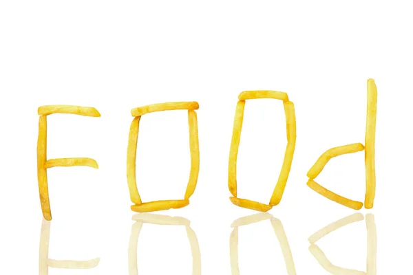 Das Wort Food Aus Gebratenen Pommes Frites Auf Weißem Hintergrund — Stockfoto