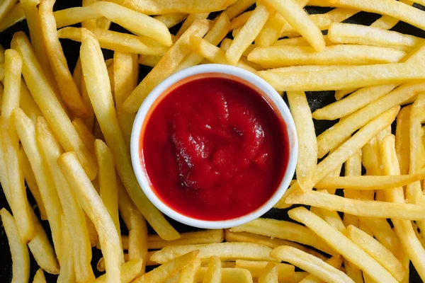Patatine Fritte Gustose Ketchup Primo Piano Sfondo Vista Dall Alto — Foto Stock