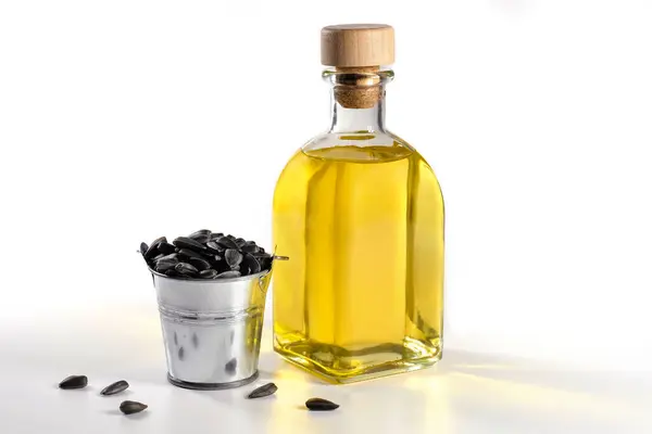Bottle Sunflower Oil Seeds White Background Close — Stock Photo, Image