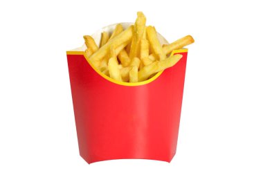 Beyaz arka planda izole edilmiş kırmızı bir kutuda patates kızartması. Fast food.