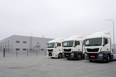 Kamyonlar bir kamyon durağında sıra sıra bekliyor. Teslimat, kargo, lojistik ve kargo taşımacılığı için kargo yarı römorkları. Araba servisi ve kamyon bakımı.