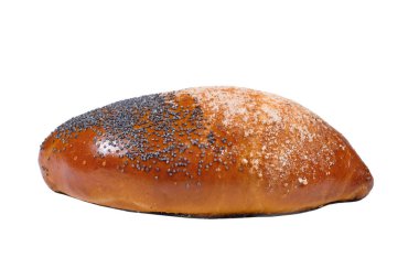 Beyaza izole edilmiş haşhaş tohumlu turta. Yakın plan..