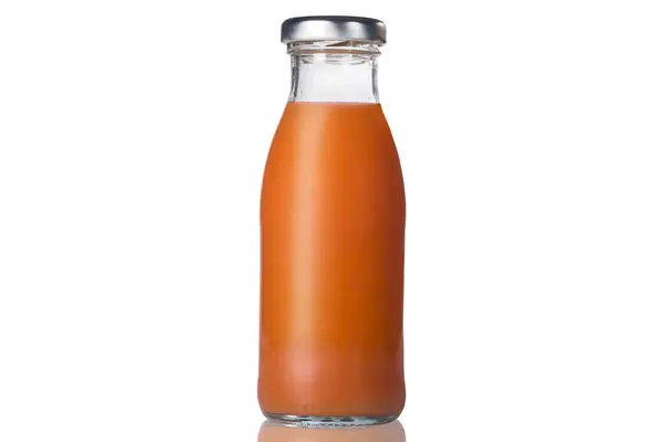 Glass Bottle Carrot Juice Vegetable Fruit Juice Isolated White Background — Stock Photo, Image
