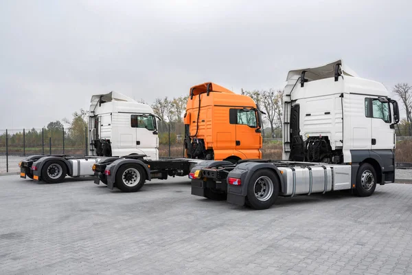A new fleet of trucks is in the parking lot. Parking lot with trucks for delivery, transportation, transportation of goods and vehicle concept