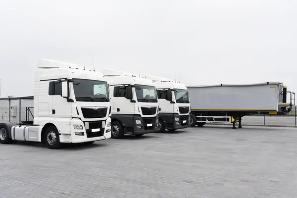 Caminhões Com Reboques Carga Estacionamento Transporte Rodoviário Mercadorias Logística Transporte — Fotografia de Stock