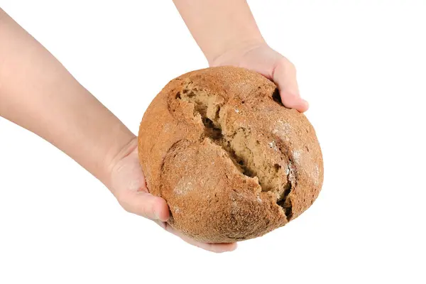 Мужские Руки Держат Свежеиспеченный Хлеб Белом Фоне — стоковое фото