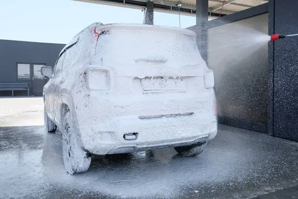 Lavado Autos Limpieza Del Coche Con Agua Alta Presión Espuma — Foto de Stock