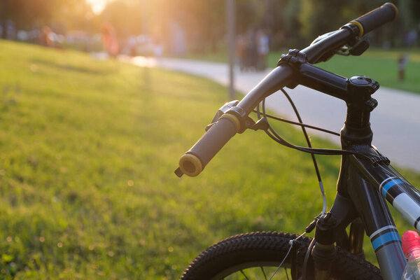 Bicycle in the city park at sunset. Active lifestyle.