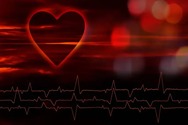 Linha Vermelha Onda Cardiograma Forma Vermelha Coração Fundo Vermelho Escuro — Fotografia de Stock