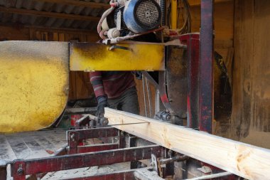 Endüstriyel ağaç testeresi. Bıçkıhanede testere ve işleme tahtaları. Kereste endüstrisi.