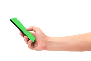 Beyaz arkaplanda elle izole edilmiş telefon.