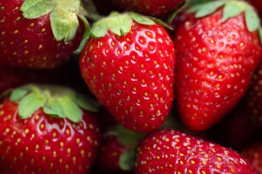 Yakın plan taze toplanmış çileklerin arkaplanı. Meyve arka planı, taze organik böğürtlen..