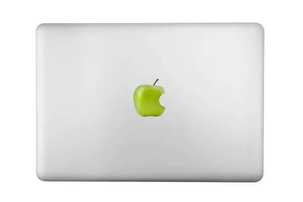 Gray Laptop Green Apple Isolated White Background — Stock Photo, Image